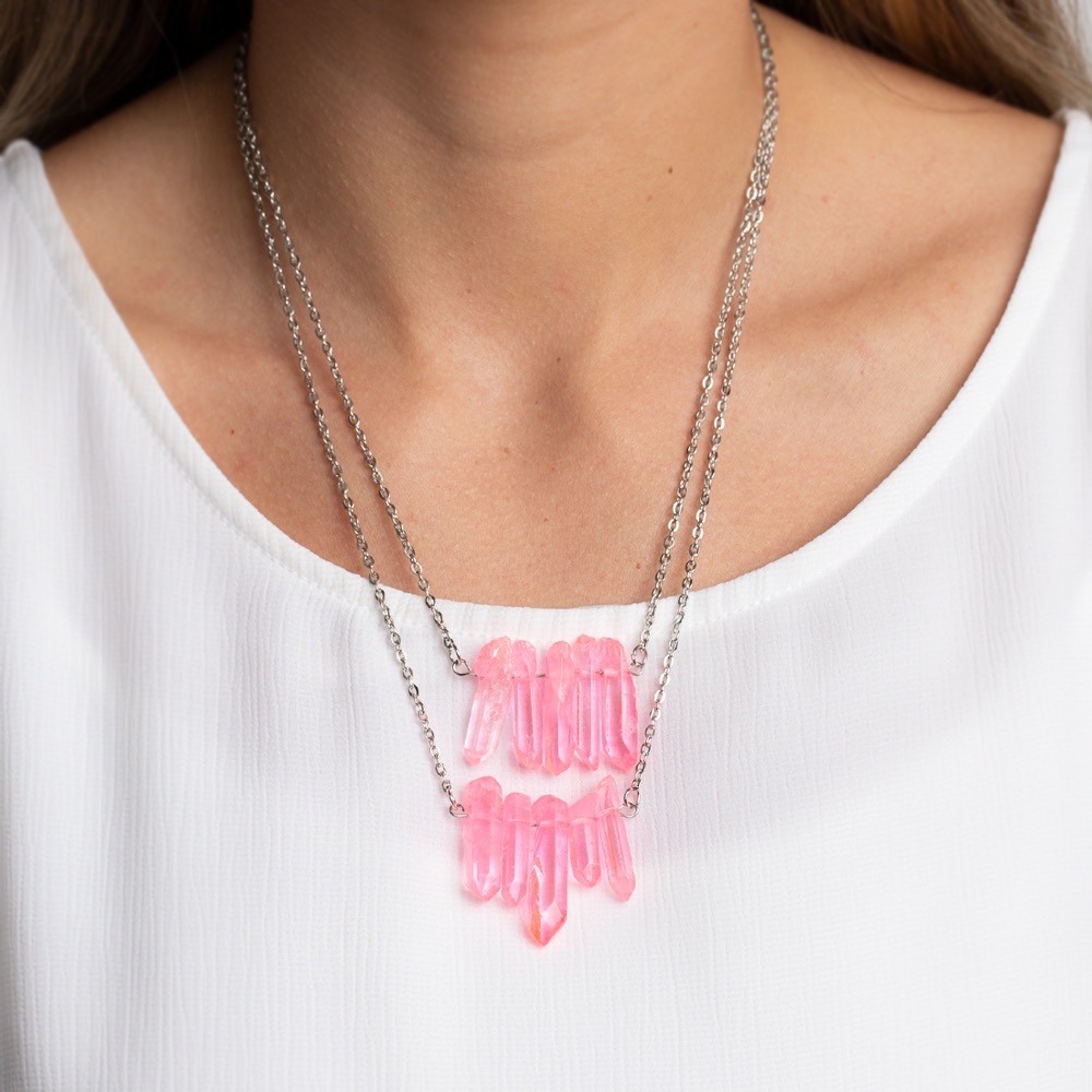 NEW Boutique Pink Crystal 2 Tier Silver Necklace Fashion Costume Jewelry Fairy